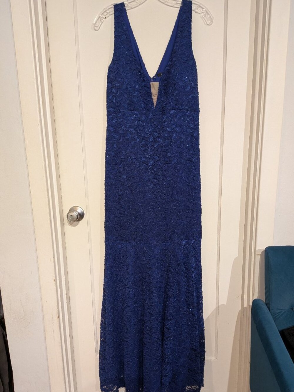 Marina Royal Blue Shimmer Lace Gown Pleated A-Line Formal Dress Size 16